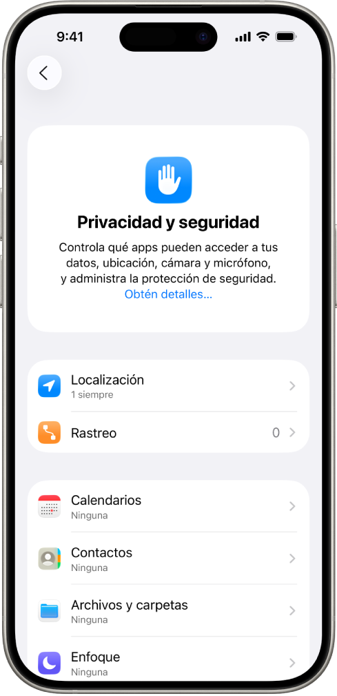 Un iPhone mostrando la pantalla Privacidad y seguridad de la app Configuración.