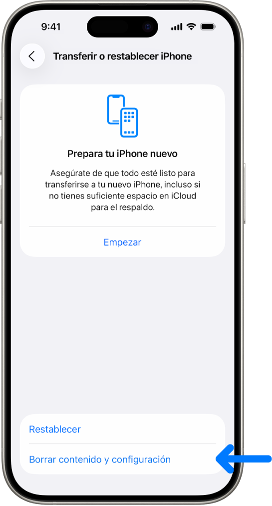 Pantalla de un iPhone mostrando la opción Borrar contenido y configuración seleccionada.