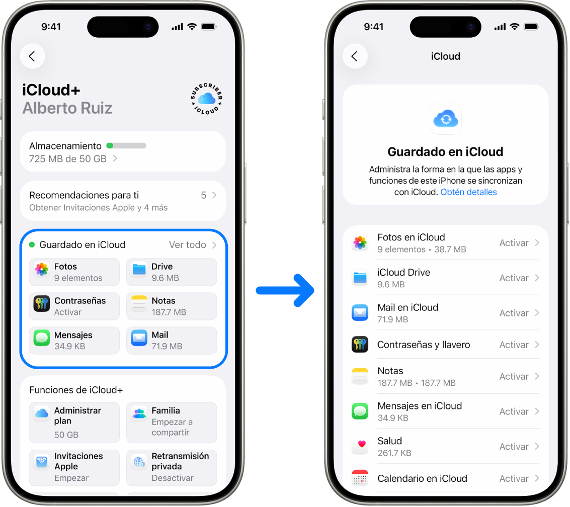 Un iPhone mostrando una cuenta de Apple con la sesión iniciada y con varios servicios de iCloud activados.