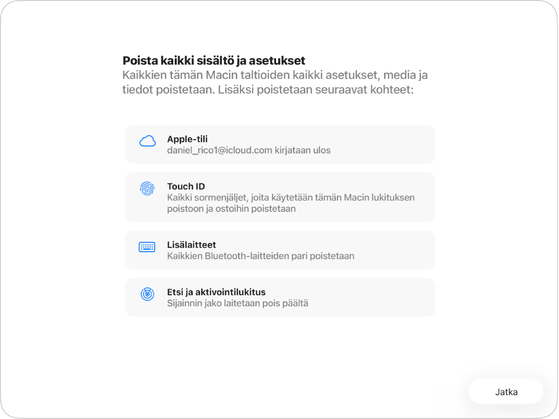 Macin ikkuna, jossa näkyy Poista kaikki sisältö ja asetukset ‑apuri.