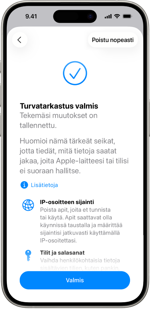 Turvatarkastus-näyttö, jossa näkyy, että Turvatarkastus on valmis.