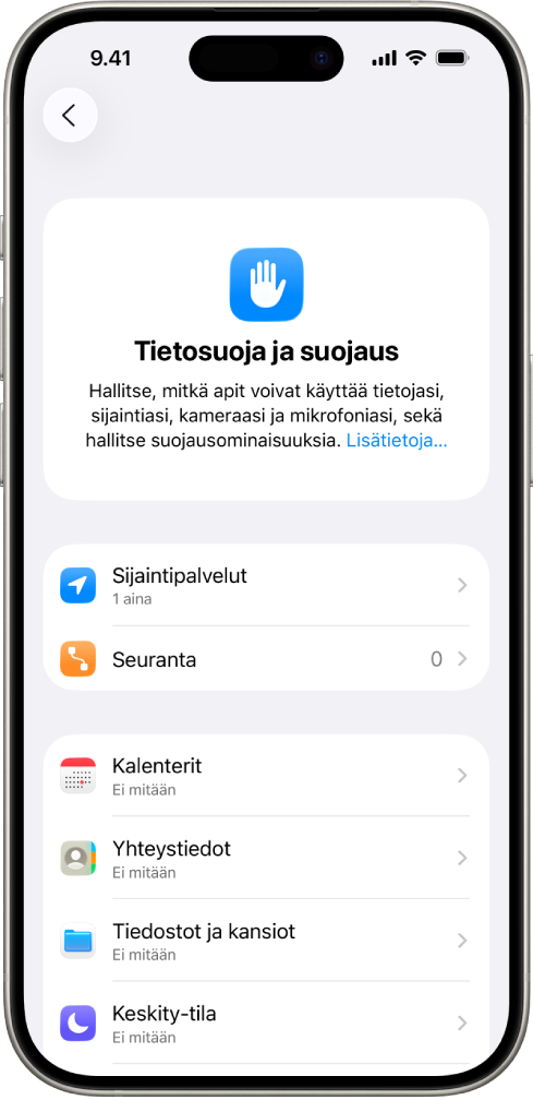iPhone, jossa näkyy Asetusten Tietosuoja ja suojaus ‑näyttö.
