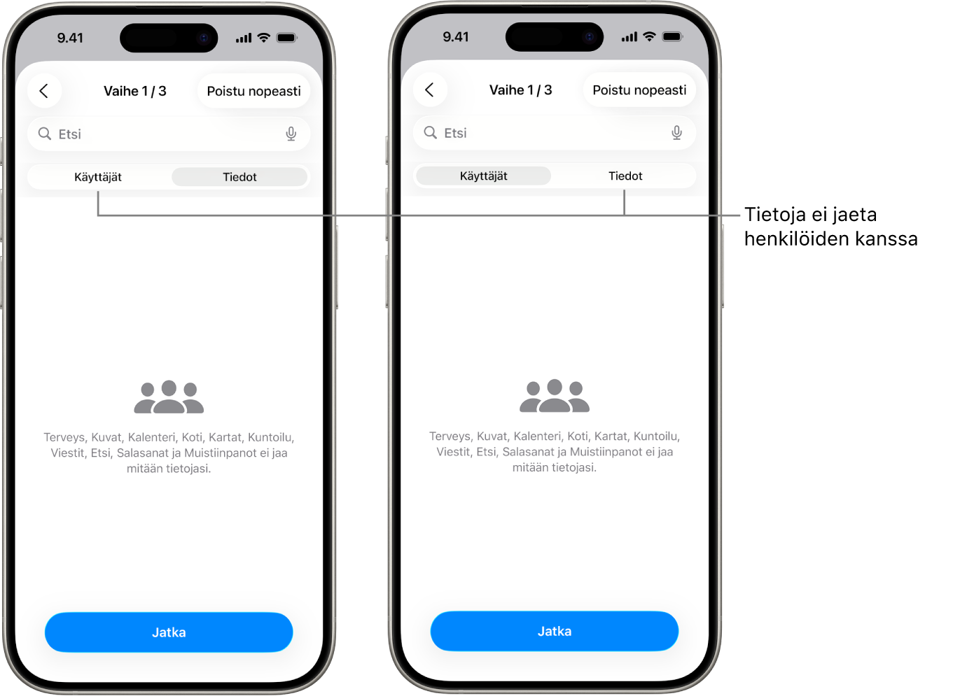 Näyttö, jossa valituilla Käyttäjät- ja Tiedot-välilehdillä näkyy, ettei käyttäjä jaa mitään tietoja muiden kanssa.