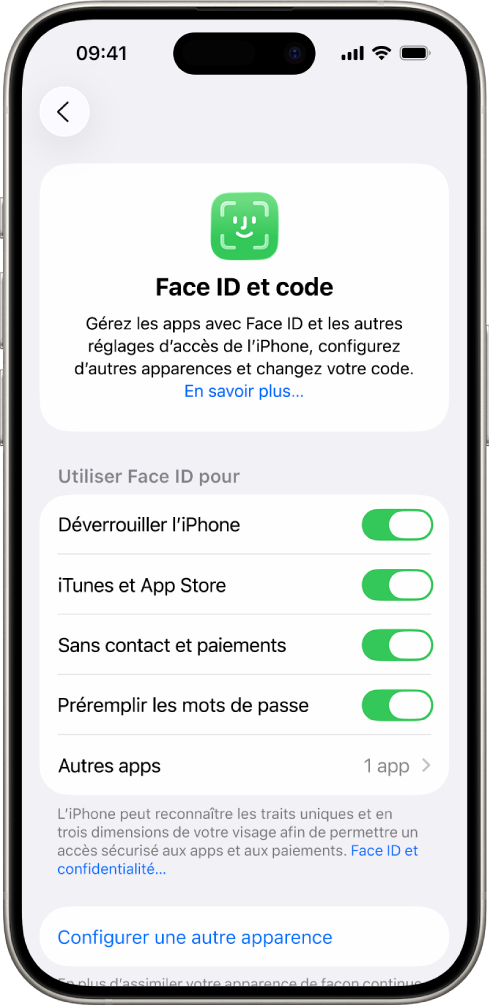 Écran Face ID d’un iPhone qui montre à quoi peut servir Face ID : Déverrouiller l’iPhone; iTunes et App Store; Portefeuille et Apple Pay; et le remplissage automatique des mots de passe.