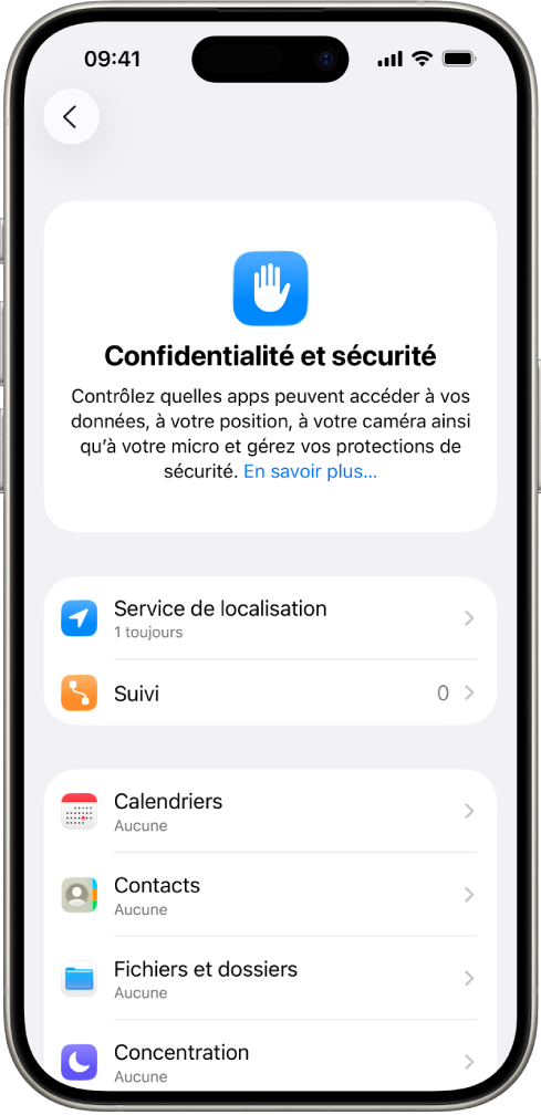 Un iPhone qui affiche l’écran Confidentialité et sécurité dans Réglages.