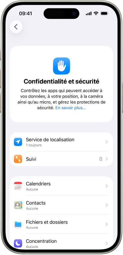 iPhone affichant l’écran « Confidentialité et sécurité » de Réglages.