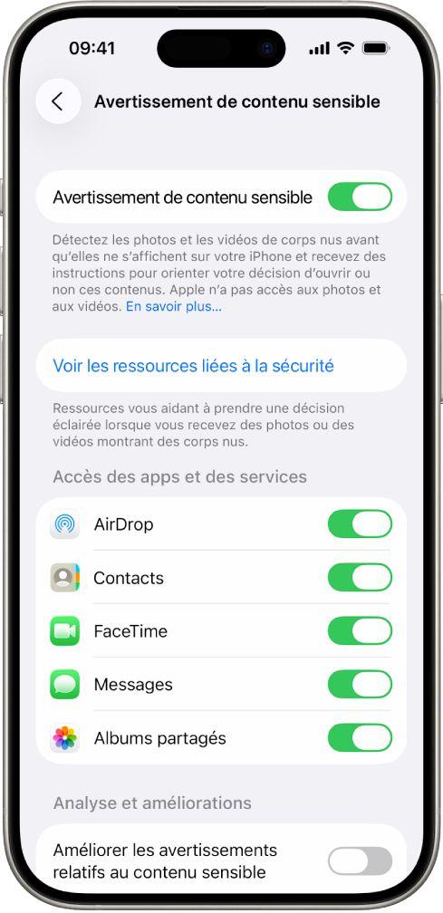 Un iPhone affichant l’écran « Avertissements relatifs au contenu sensible ».