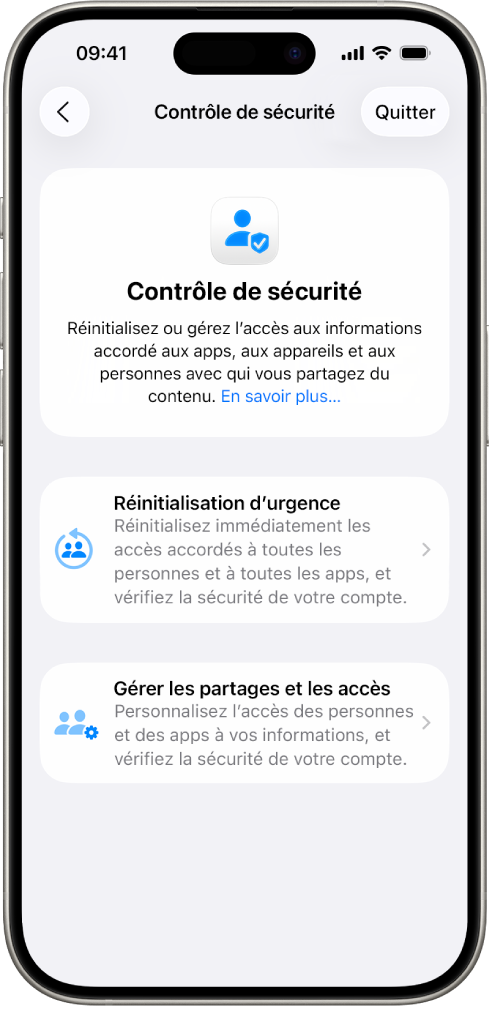 Un iPhone affichant l’écran Contrôle de sécurité.