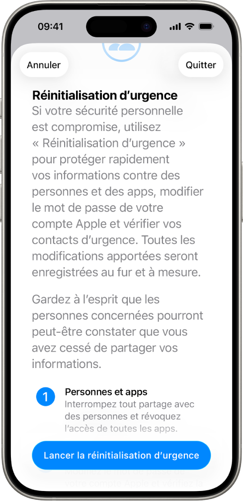Un écran présentant le bouton pour démarrer « Réinitialisation d’urgence ».
