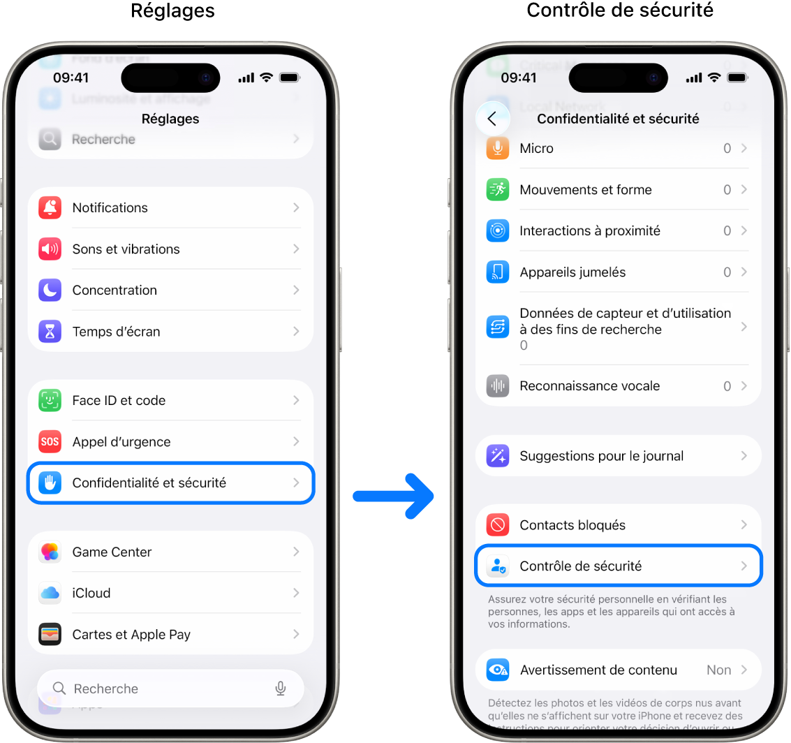 Le moyen d’accéder à Contrôle de sécurité depuis l’app Réglages.