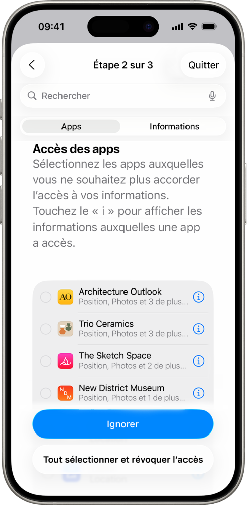 Un écran de Contrôle de sécurité présentant des informations partagées avec des apps spécifiques.