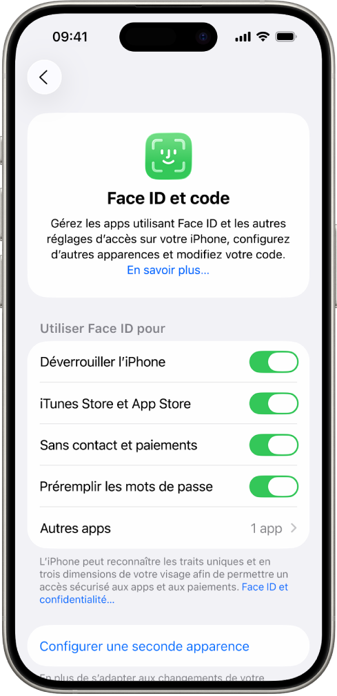 Écran Face ID de l’iPhone montrant pour quoi cette fonctionnalité peut être utilisée, comme Déverrouiller l’iPhone, iTunes Store et App Store, Cartes et Apple Pay, et Préremplir les mots de passe.