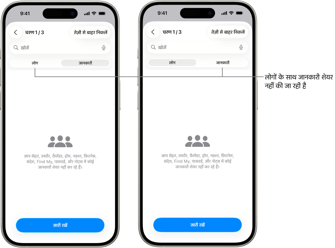 एक स्क्रीन जो दिखा रही है कि लोग और जानकारी टैब को चुनकर यूज़र किसी अन्य व्यक्ति के साथ कोई जानकारी शेयर नहीं कर रहा है।