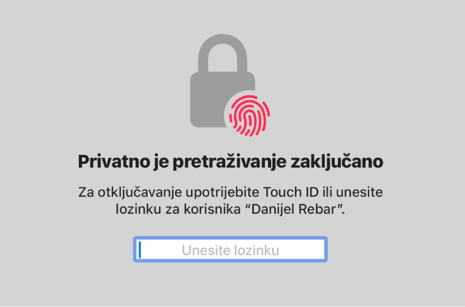 Zaslon privatnog pregledavanja prikazuje da je zaključan.