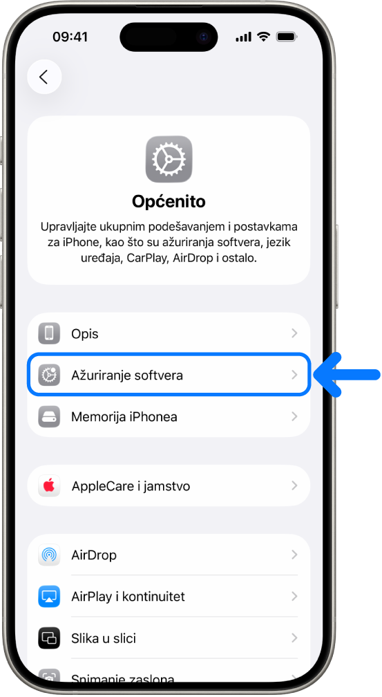 Zaslon iPhonea koji pokazuje da je dostupno ažuriranje softvera.