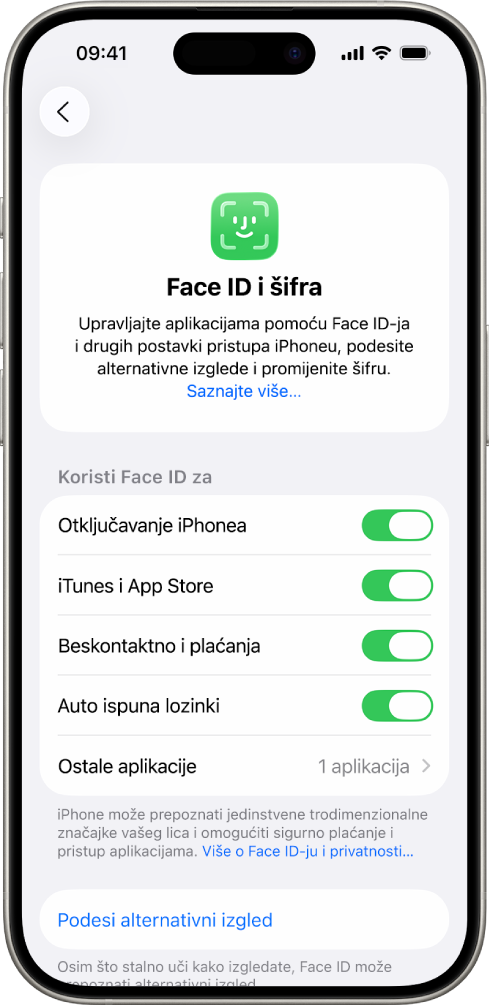 Zaslon Face ID-ja na iPhoneu prikazuje za što se Face ID može koristiti, primjerice za otključavanje iPhonea, trgovine iTunes i App Store, Novčanika i Apple Paya te automatsku ispunu lozinki.