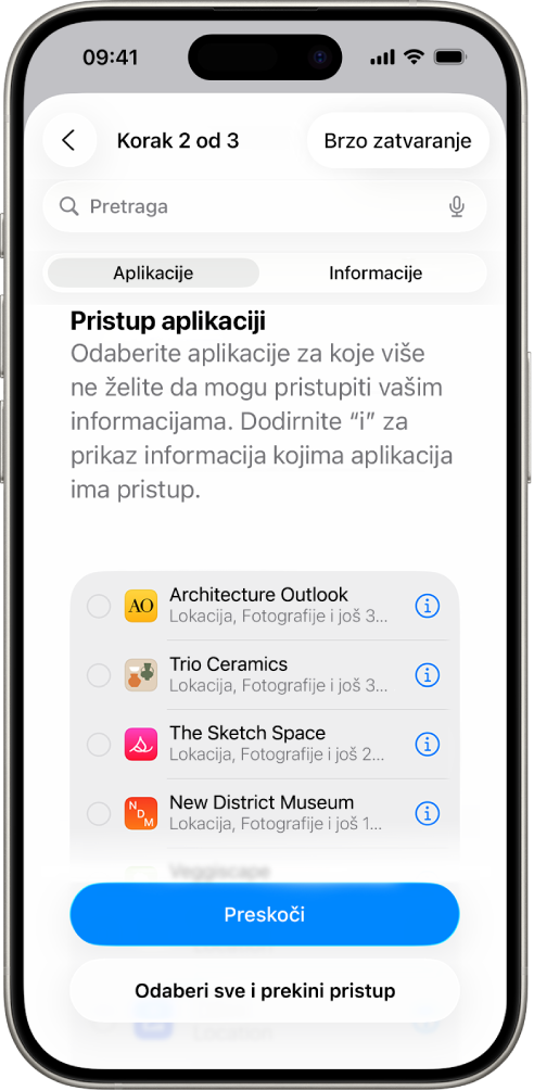 Zaslon Sigurnosne provjere s prikazom informacija dijeljenih s određenim aplikacijama.