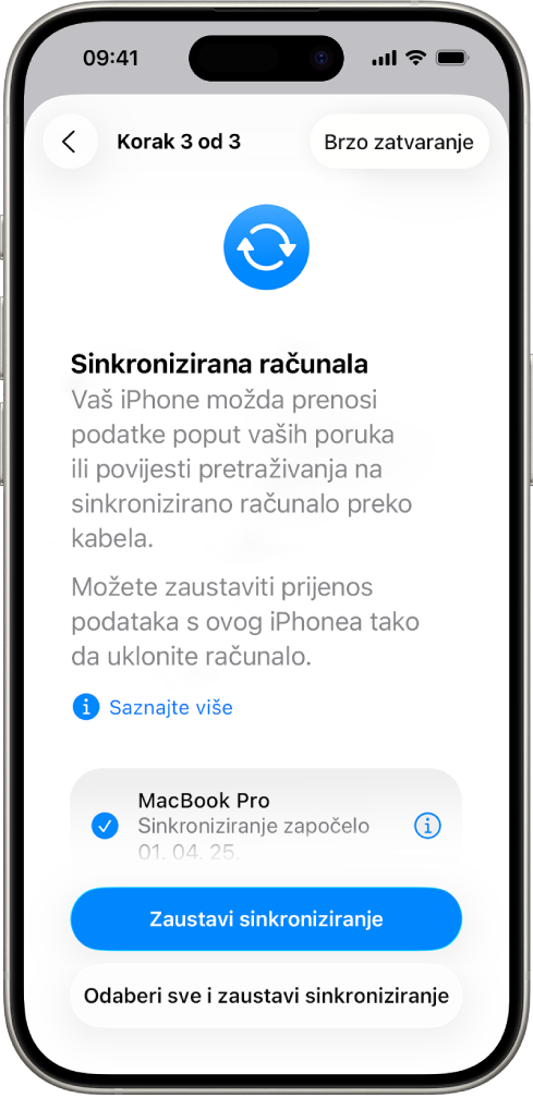 Zaslon iPhonea s prikazom zaslona Sinkronizirana računala: