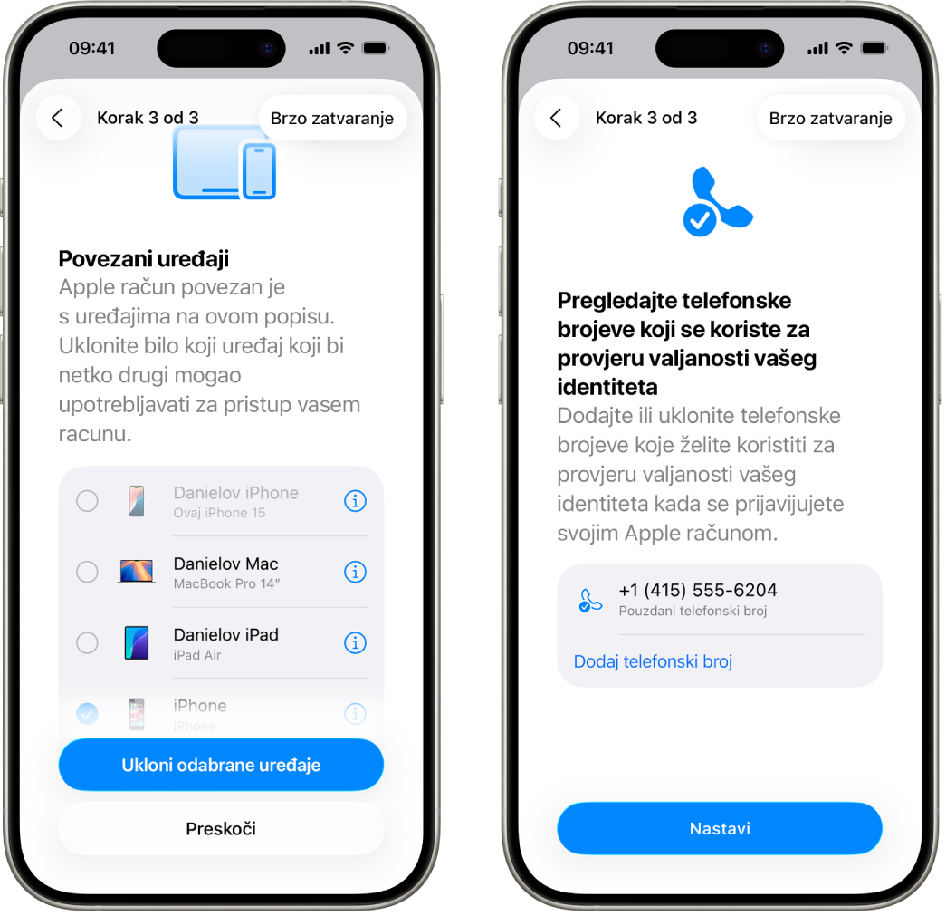 Dva iPhone zaslona prikazuju (1) odabrani uređaj za uklanjanje s pouzdanih uređaja i (2) zaslon za uređivanje pouzdanih telefonskih brojeva.