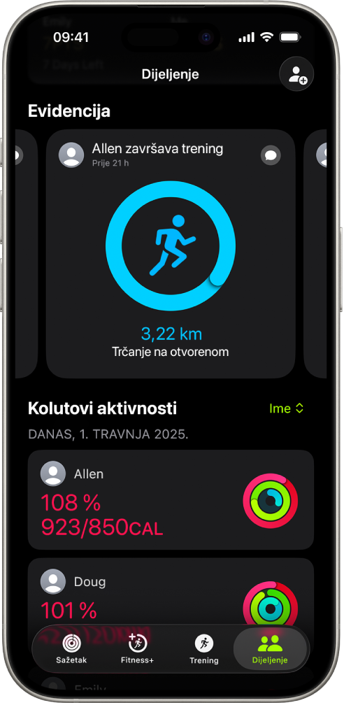 Zaslon iPhonea s prikazom podataka aktivnosti dijeljenih s još dvije osobe.