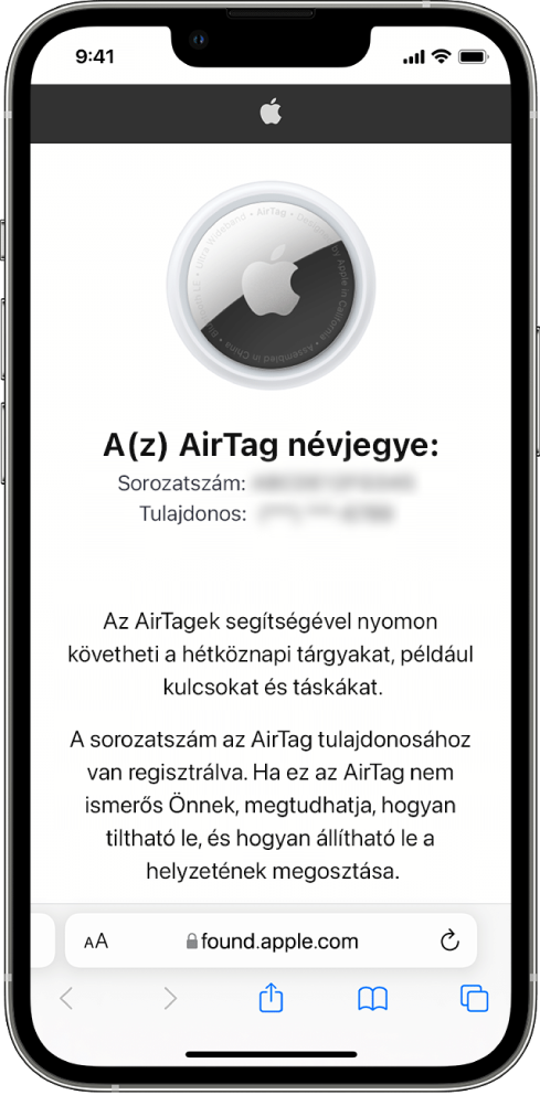 Az iPhone képernyőjén egy AirTag információi láthatók.