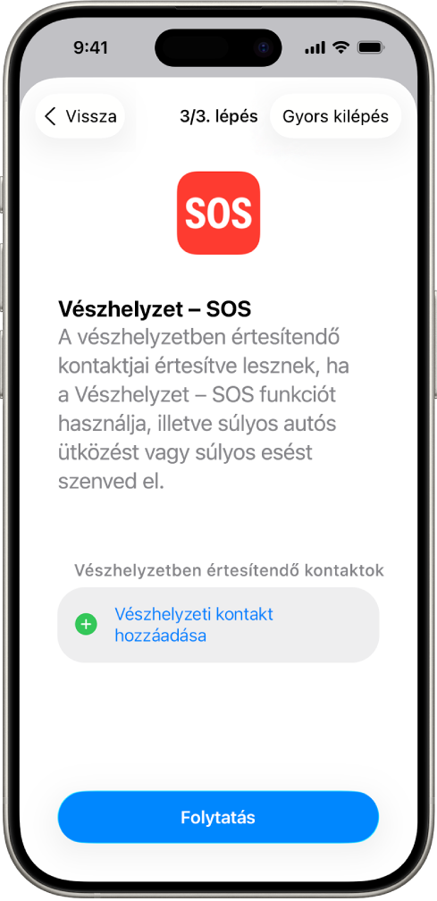 A Vészhelyzet – SOS funkció képernyője egy iPhone-on.