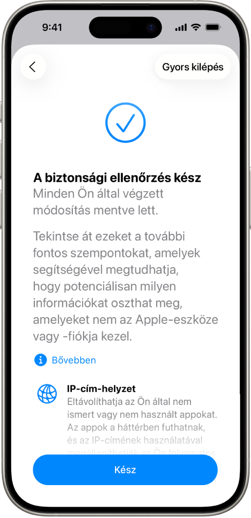 A Biztonsági ellenőrzés funkció képernyője, amelyen az látható, hogy a biztonsági ellenőrzés befejeződött.