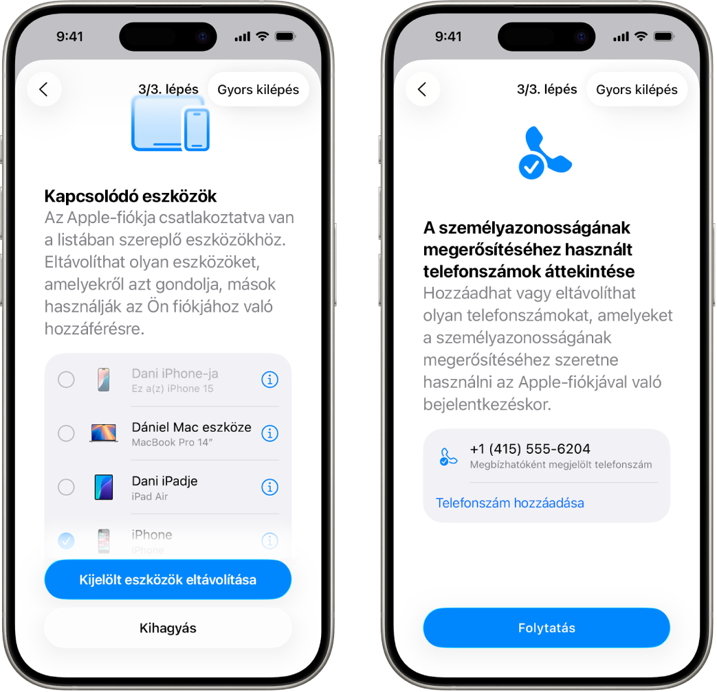Két iPhone-képernyő. Az első képernyőn egy eszköz látható, amely el lesz távolítva a megbízható eszközök közül, a második képernyőn a megbízható telefonszámok szerkesztéséhez használható ablak jelenik meg.