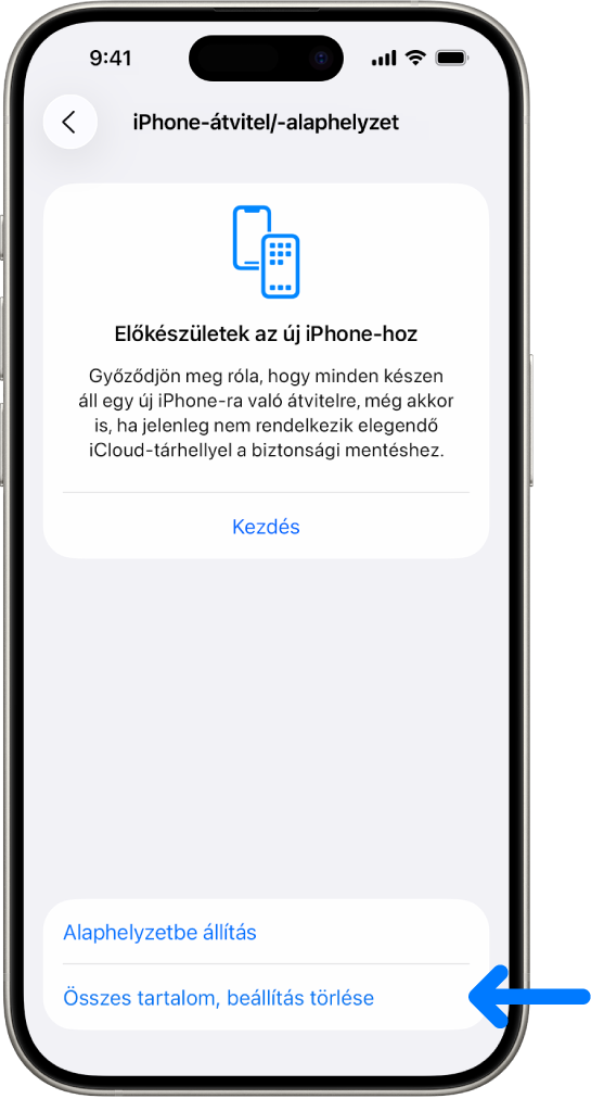Képernyőfotó egy iPhone-ról, amelyen az Összes tartalom és beállítás törlése opció kijelölve látható.