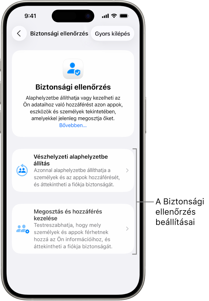 Két opció, amelyeket a Biztonsági ellenőrzés funkció kínál: a Vészhelyzeti alaphelyzetbe állítás és a Megosztás és hozzáférés kezelése.