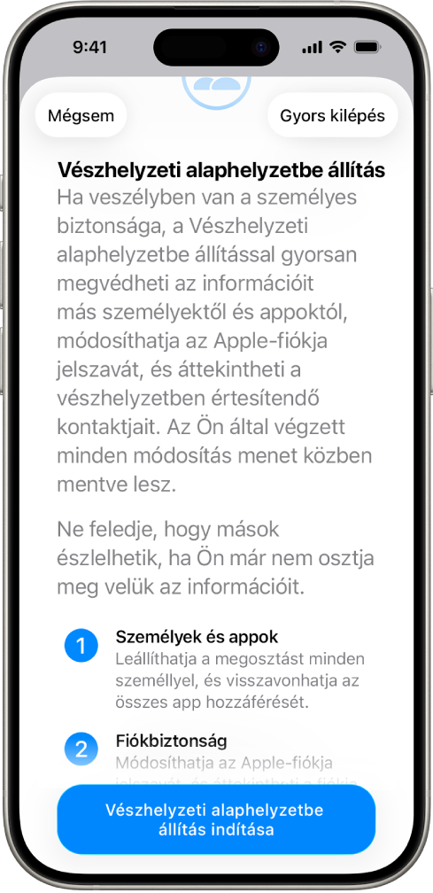 A Vészhelyzeti alaphelyzetbe állítás funkció elindításához használható gomb.