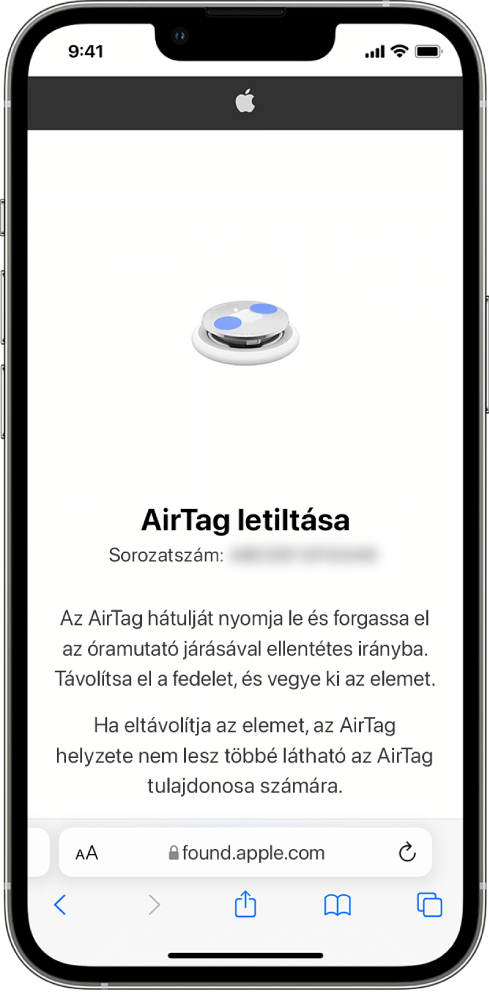 Az iPhone képernyőjén egy AirTag letiltásának ionformációi láthatók.
