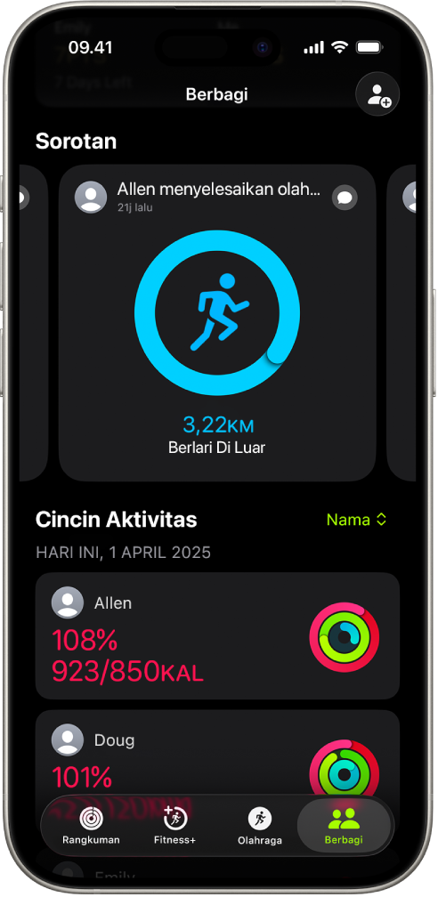 Layar iPhone menampilkan data aktivitas yang dibagikan dengan dua orang lainnya.