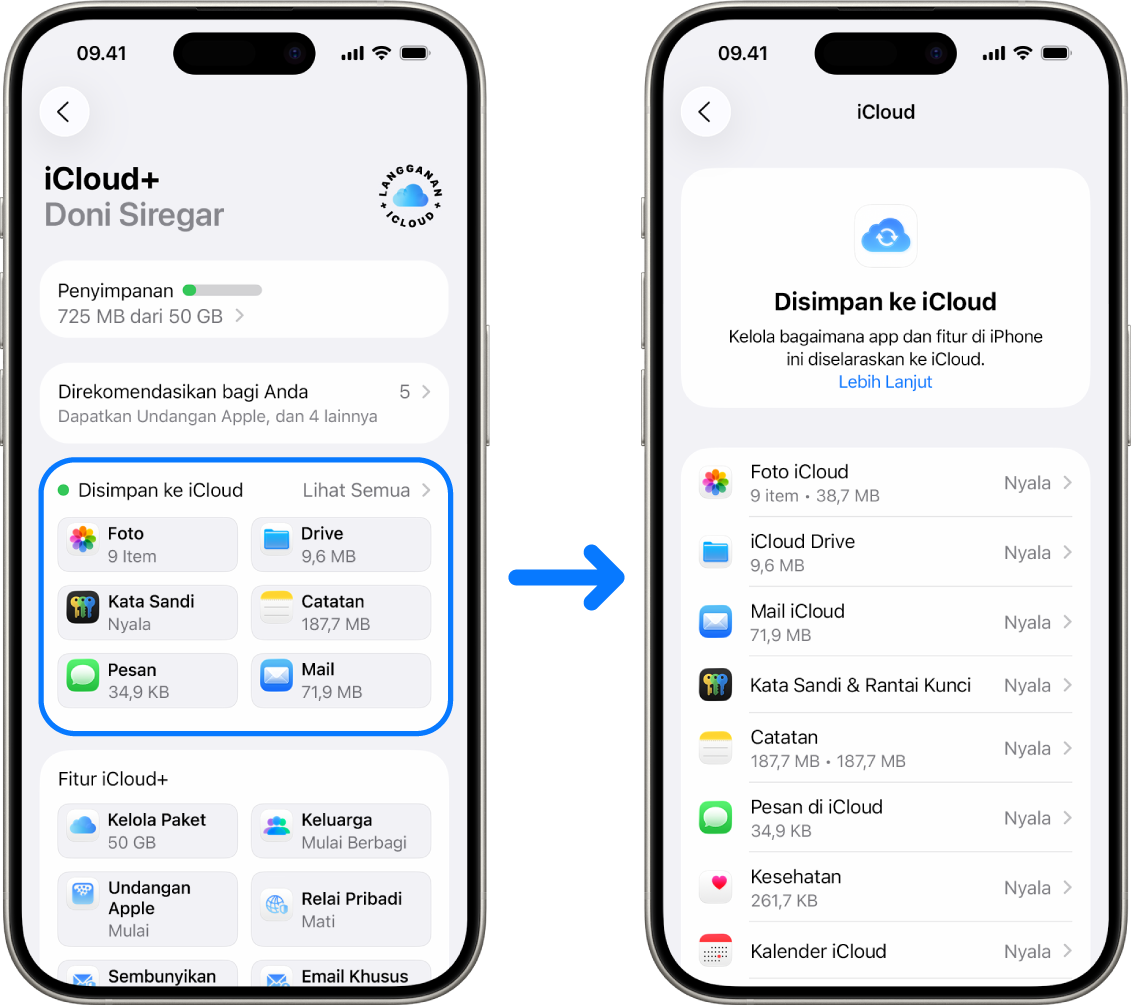 iPhone menampilkan akun Apple yang masuk dengan berbagai layanan iCloud dinyalakan.