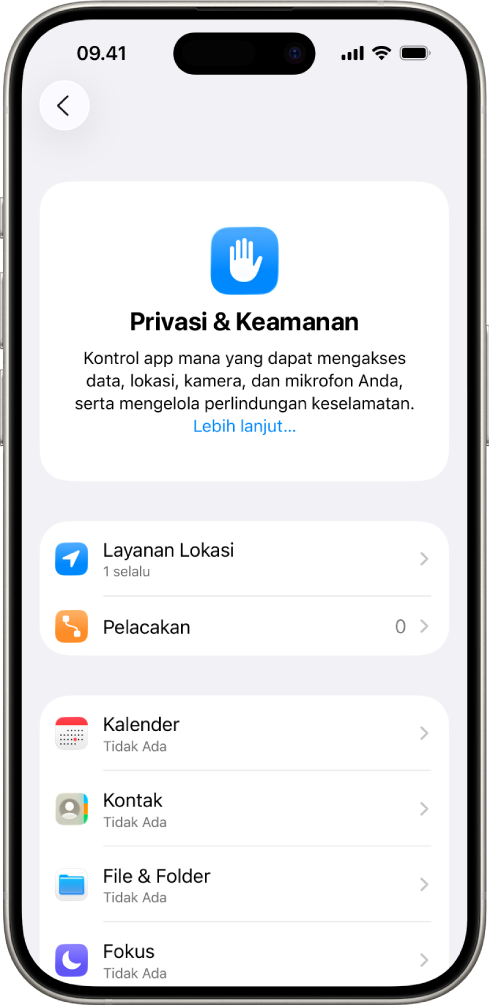 iPhone menampilkan layar Privasi & Keamanan di Pengaturan.