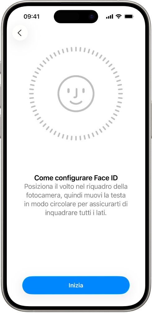 La schermata di configurazione del riconoscimento di Face ID. Sullo schermo è visibile un volto, circondato da un cerchio. Il testo sotto di esso indica all’utente di muovere la testa lentamente per completare un cerchio.