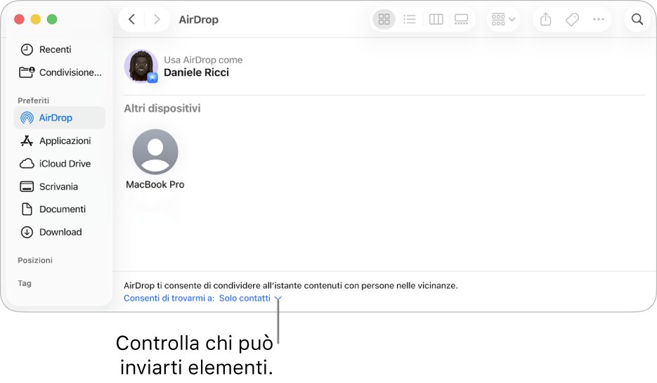 La finestra di AirDrop del Finder.