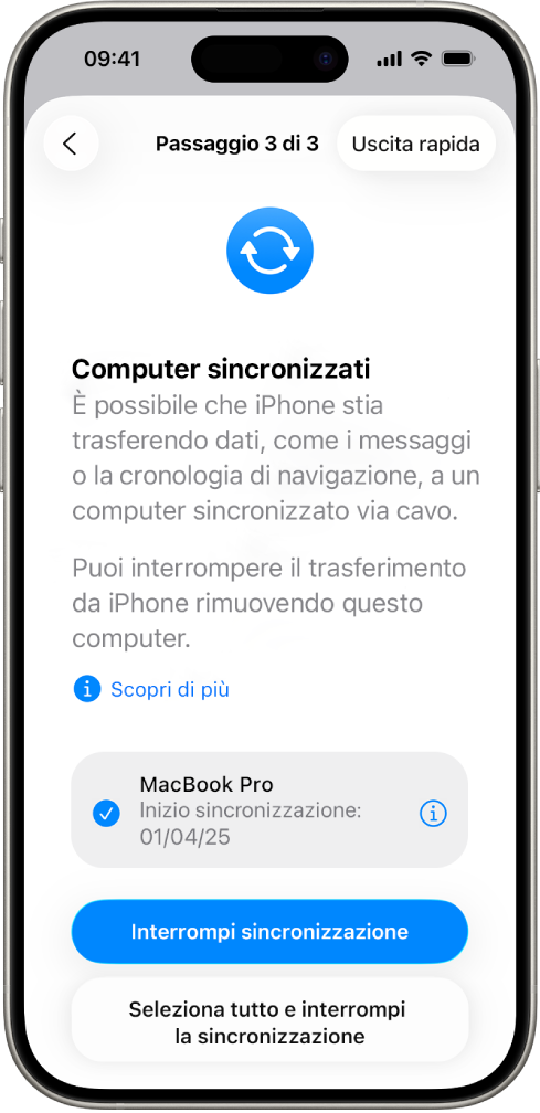 Un iPhone che mostra la schermata di “Computer sincronizzati”.