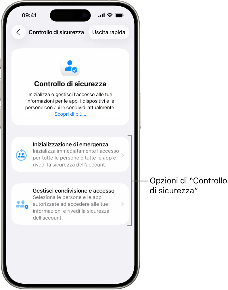 Una schermata che mostra le due opzioni disponibili in “Controllo di sicurezza”: “Inizializzazione di emergenza” e “Gestisci condivisione e accesso”.