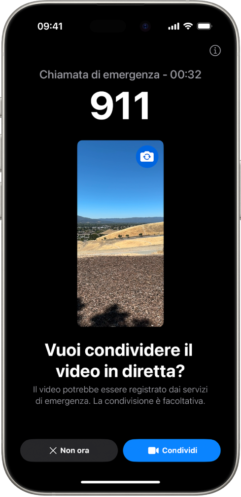 La schermata della funzionalità “Video in diretta per SOS emergenze” dove viene mostrata la chiamata d’emergenza al numero dei soccorsi 911, con un’anteprima video al centro. In basso, sono presenti i pulsanti “Non ora” e “Condividi video”.