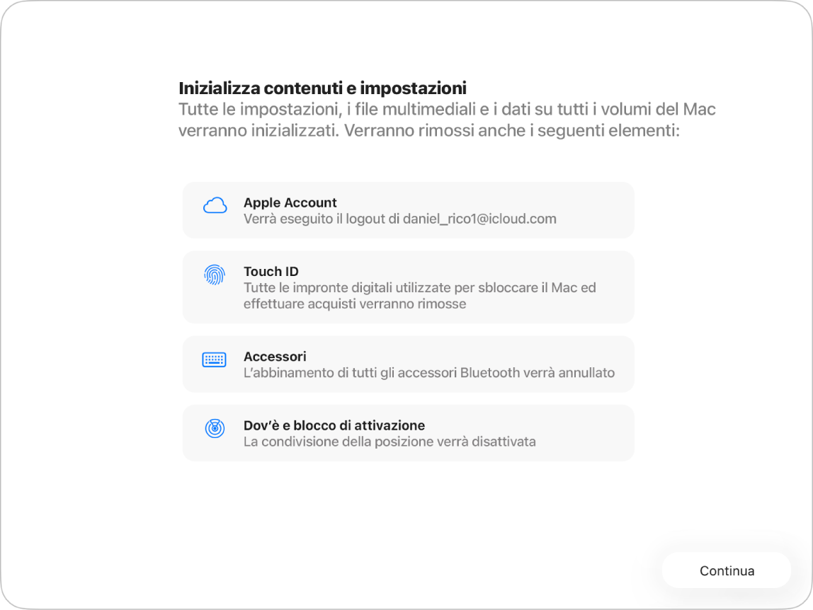 Una finestra del Mac che mostra l’opzione “Inizializza contenuto e impostazioni” e Impostazione Assistita.