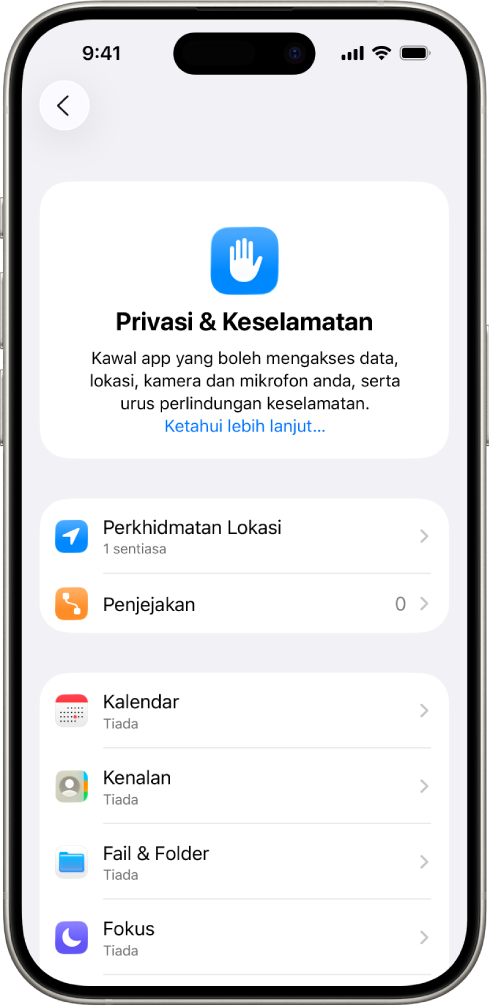 iPhone menunjukkan skrin Privasi & Keselamatan dalam Seting.