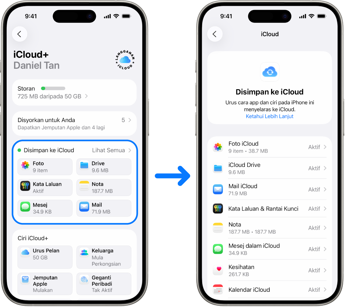 iPhone menunjukkan akaun Akaun Apple mendaftar masuk dengan pelbagai perkhidmatan iCloud diaktifkan.