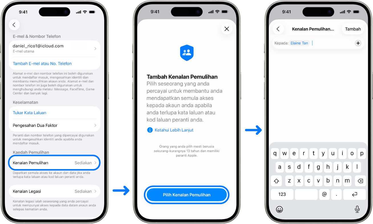 Tiga skrin iPhone menunjukkan cara menambahkan kenalan Pemulihan Akaun.