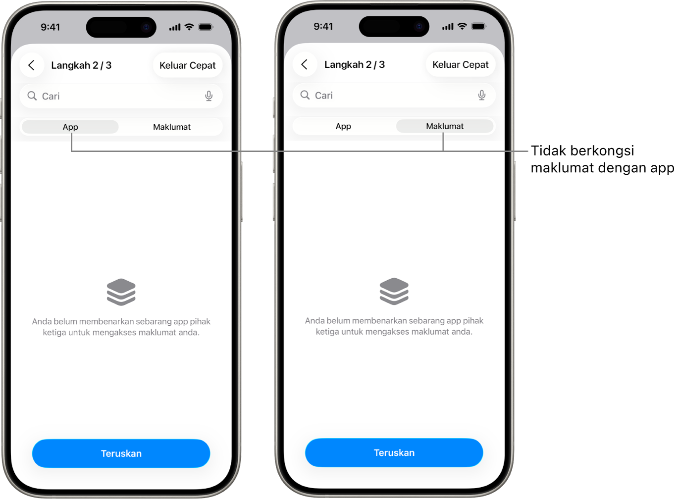 Skrin menunjukkan pengguna tidak berkongsi sebarang maklumat dengan mana-mana app lain dengan memilih tab App dan Maklumat.