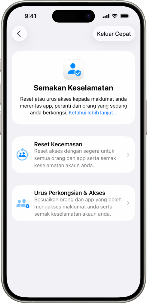 iPhone menunjukkan skrin persediaan Semakan Keselamatan.