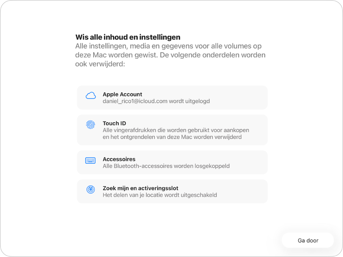 Een Mac-venster met de assistent voor het wissen van alle inhoud en instellingen.