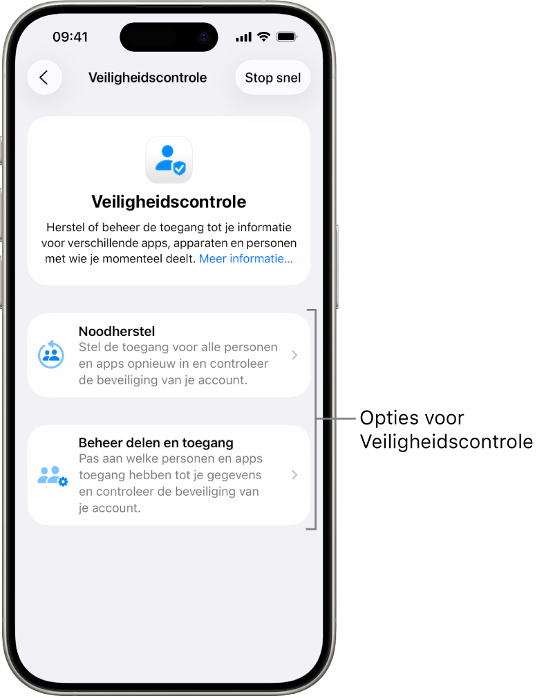 Een scherm waarin de twee opties van Veiligheidscontrole te zien zijn: 'Noodherstel' en 'Beheer delen en toegang'.