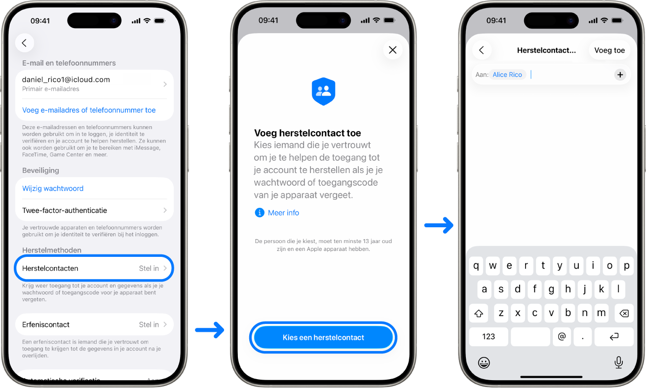 Drie iPhone-schermen waarop te zien is hoe je accountherstelcontacten toevoegt.