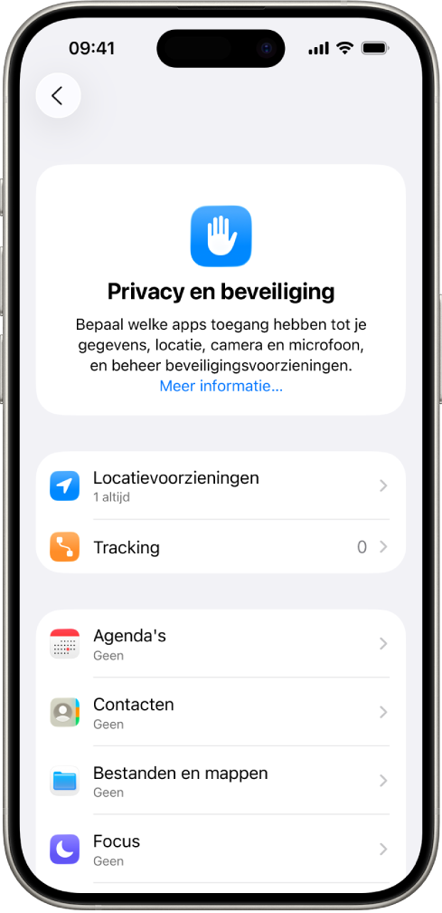 Een iPhone met het scherm 'Privacy en beveiliging' in Instellingen.